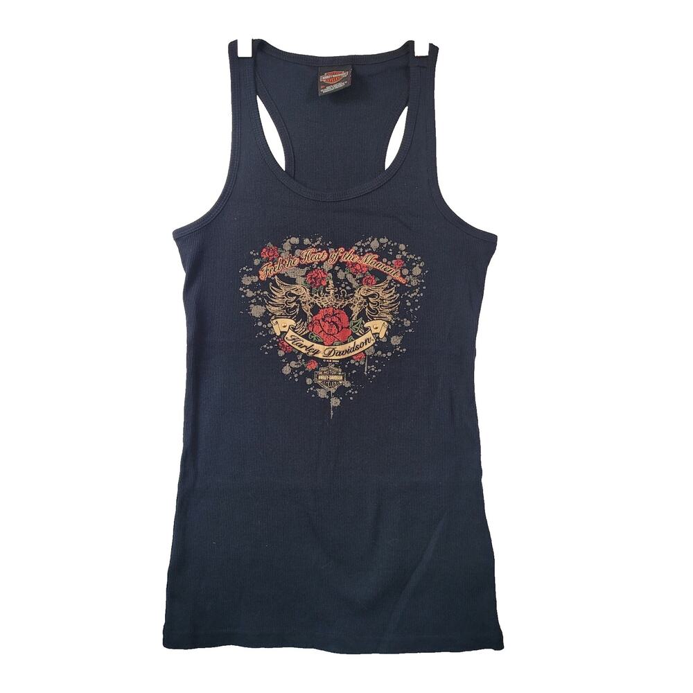 Harley Davidson Womens XL Ribbed Tank Top 2008 Rose Wings Biker Graphic Y2K - Picture 2 of 10